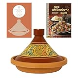 Marokkanische Tajine Topf zum Kochen | Schmortopf glasiert Chaouen Ø30cm 4-5 Personen | inklusive Rezept und Gebrauchsanweisung | ORIGINAL Tontopf handgetöpfert aus Marokko