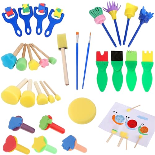 Set di Spugnette per Dipingere Bambini - Kit Completo con Pennelli, Spugne e Stampe in Schiuma - 31 Pezzi, Adatto a Bambini dai 14 Anni in su，Pennelli di pittura Kit di strumenti di disegno
