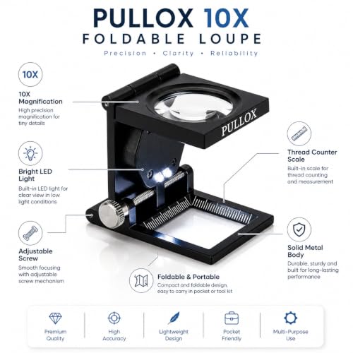 Image of Pullox Foldable Magnifiers 10X Folding Magnifying Loupe Zinc Alloy /LED Lights /Magnifier Lens with /Scale /for Jewelry Tool Repair Collection