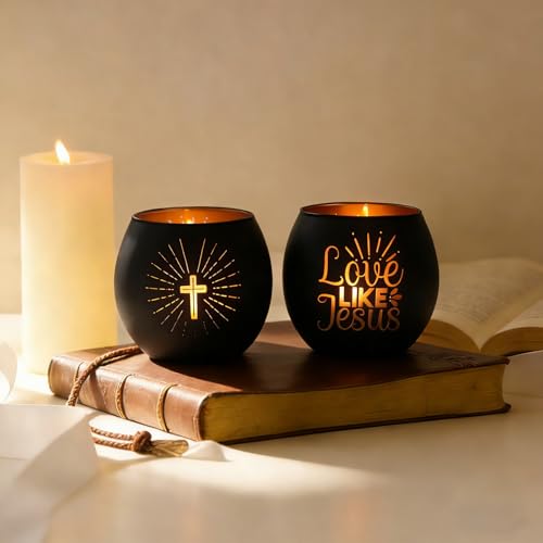 Love Like Jesus Religious Gifts for Men & Women, Set of 2 Black Cross Tealight Candle Holders for Table Decor, Christian Baptism, Confirmation, Modern He is Risen Easter Decorations by SHMILMH - Image 2