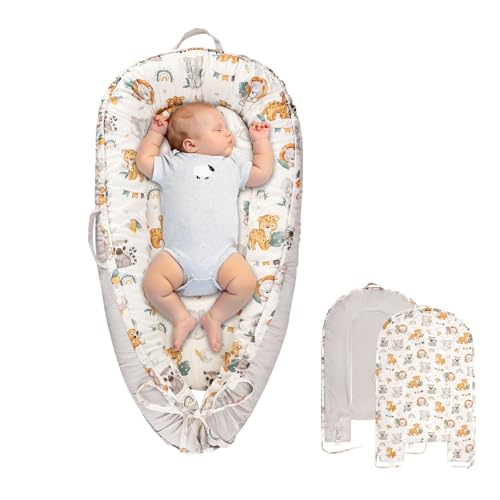 Jundetye Baby Lounger Cover for Boys Girls, Reversible Baby Nest Cover, Adjustable Baby Lounger Replaceable Cover for Infant Newborn, Portable and Machine Washable, Cotton Gray Elephant Cover Only