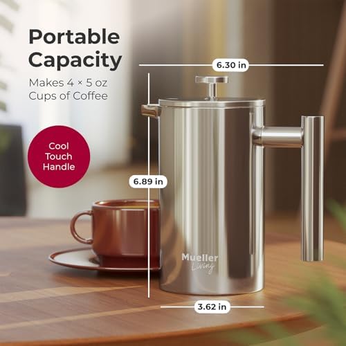 MuellerLiving French Press Coffee Maker 20oz, Stainless Steel French Press Coffee, 4 Filter Heat Resistant Double Insulated, Rust-Free, Food Grade, Dishwasher Safe Coffee Pot — view 2
