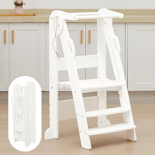 Image of FUNLIO Foldable Kitchen Step Stool for Kids 2-6 Years, Montessori Step Stool, 3-Level Height Adjustable Standing Tower, Easy to Assemble, CPC & CE, White