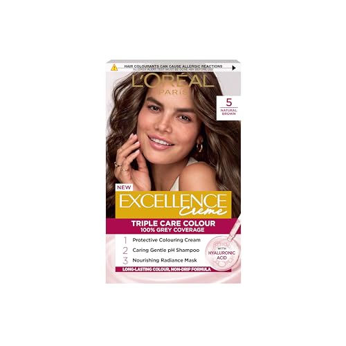 L'Oréal Paris Excellence Crème Permanent Hair Dye, Radiant At-Home Hair Colour with up to 100% Grey Coverage, Pro-Keratin, Up to 8 Weeks of Colour, Colour: 5 Natural Brown