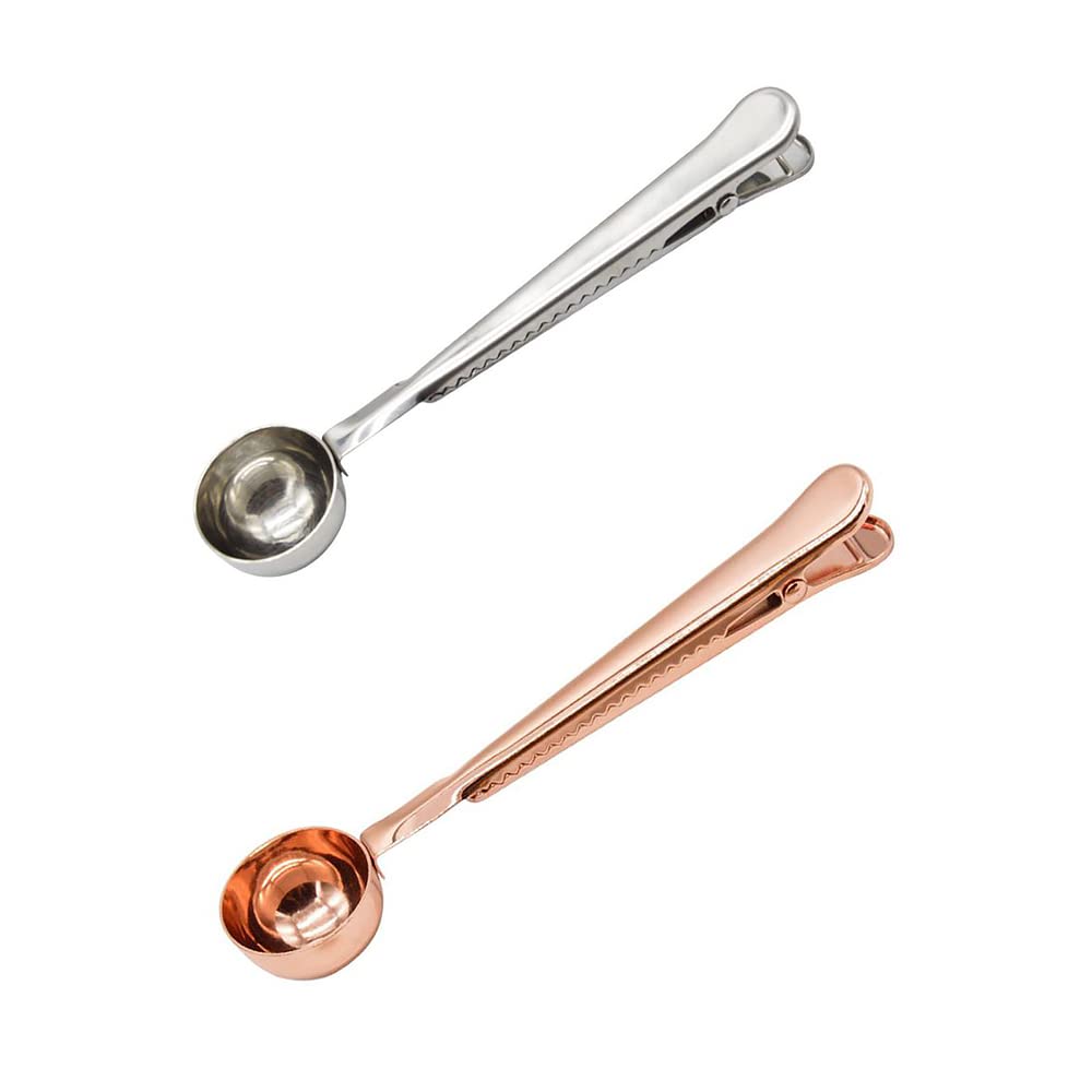 Coffee Scoop and Bag Clip, Long Handled 2 in 1 Tablespoon, Solid Beech Wood Measuring Scoop for Ground Beans, Coffee Beans, Loose Tea (Sliver+Rose Gold)