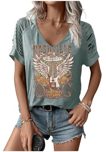 Rock Band T-Shirt for Women V-Neck Country Music Short Sleeved Shirt Retro Nashville Guitar Graphic Hollowed Tee Tops