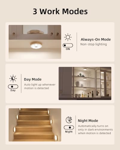Image of EZVALO Under Cabinet Lighting, 1000mAh Rechargeable Puck Lights with Remote, 3 Color Temps & 12 RGB Motion Sensor Closet Lights Indoor, Dimmable Under Counter Lights for Kitchen (Wood Grain, 6 Packs)