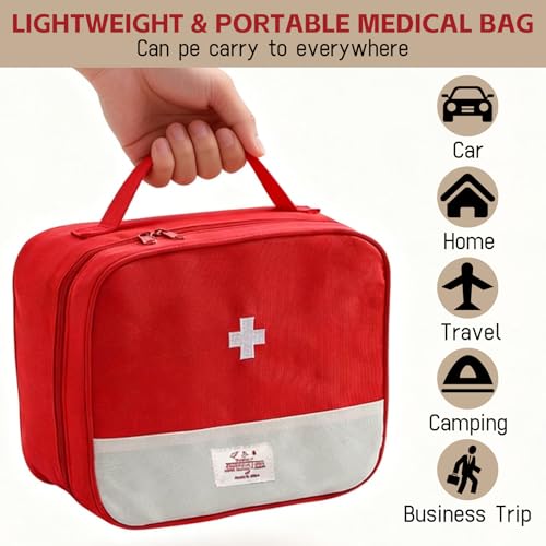 Image of Red First Aid Bag, Medical Bag Empty, Portable Medicine Bag Organizer for Home Outdoor Camping Hiking Travel (Red)