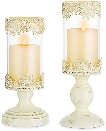 Romadedi Candle Holder Set of 2 Decorative: Beige Vintage Bohemian Hurricane Candle Holders for Elegant Home Decor Entryway Coffee Table Decoration Ivory