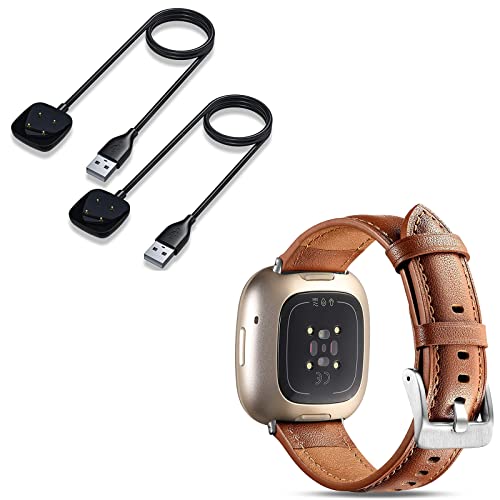 Maledan 2-Pack Charger And Soft Brown Grain Leather Bands Compatible With Fitbit Versa 3 And Fitbit Sense Smartwatch #TOP26