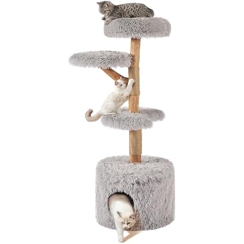 beeNbkks Real Wood Cat Tree for Large Cats, 51'' Tall Cat Tower for Indoor Cats, Real Branch Cat Tree Tower with Cat Condo Scratching Post and Perch Bed, Fluffy Cat Furniture for Multiple Cats Kittens Cover