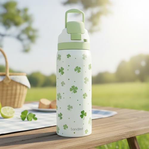 Image of Shamrock Insulated Stainless Steel Water Bottle with Straw for Sports and Travel, 32oz, Gifts for Irish Women Girls Friends Teens Birthday Christmas St Patricks Day