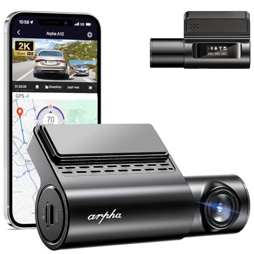 ARPHA A12 WiFi 2K Dash Cam, Voice Control Dashcam for Cars, 150° Wide Angle Front Hidden Car Dash Camera with Free APP, Built-in GPS, Night Vision, G-sensor, 24H Parking Mode, Fatigue Driving Reminder