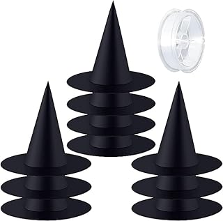 10 Pieces Halloween Black Witch Hats Costume Decorations, Halloween Costume Witch Hat, with 100 Yards Hanging Rope for Halloween Yard Decoration. Black Witch Hat for Halloween Party Decoration