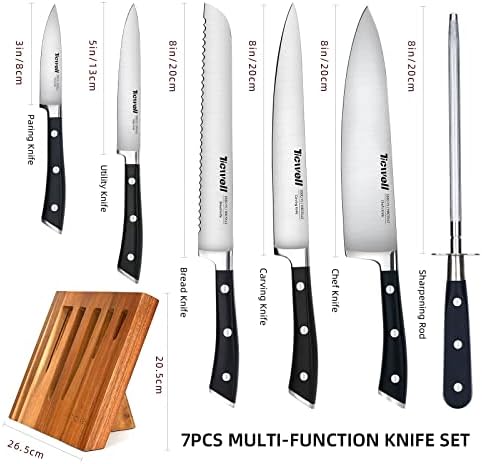 TICWELL Knife Set 7 Pieces Kitchen Knife Set with Wooden Block, High Carbon Anti-Rust Stainless Steel Chef Knife Set with Sharpener, Triple Rivet and Full Tang Handle Dishwasher Safe