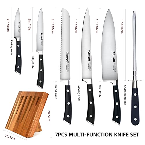Foto von Messerset 7teilig,TICWELL Messerblock set hochwertiges geschmiedet Messerset,High-carbon Deutscher Edelstahl, extrem scharf Küchenmesser set|Hohlform- Holzblock|Full Tang Design|Ergonomischer Griff