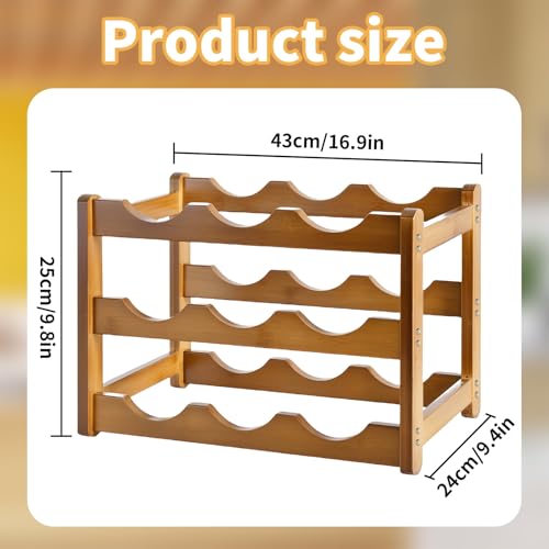 DYUEE Wooden Wine Rack 12 Bottles Wine Storage Holder 3 Tier Free Standing Retro Wine Display Shelf Wine Bottle Organiser Water Bottle Holder for Cabine Cupboard Countertop Kitchen Bar Cellar