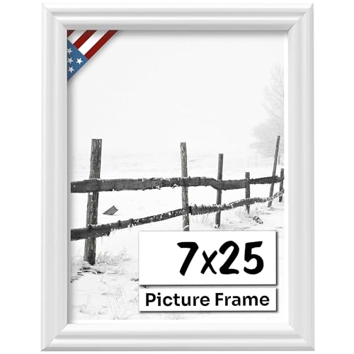 White 7x25 Picture Frame .75" Inch Wide - White Wall Decor Handmade Solid Wood Frames with Preinstalled Hangers and UV Blocking Plexiglass 25x7 Frame