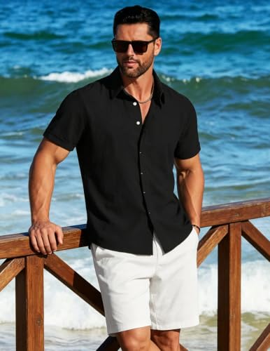 LETSEE Linen Shirts Mens Button Down Short Sleeve Shirt for Summer Business Casual, Beach & Wedding Guest Black — view 4