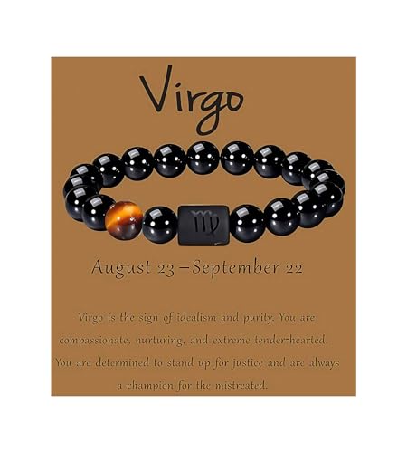 QSMGD Zodiac Bracelets for Women and Men,Friendship Bracelet,8mm 10mm Natural Black Onyx Stone Star Sign Constellation Horoscope Bracelet Gifts (Virgo, 10mm beads-(fit wrist: 6.3"-6.9"))