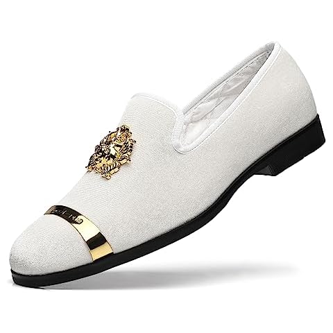 FOEVTRUE Men's Loafers Buckle Gold Copper Tiger Head Fashion Luxury Penny Party Wedding Shoes White US 12 Cover