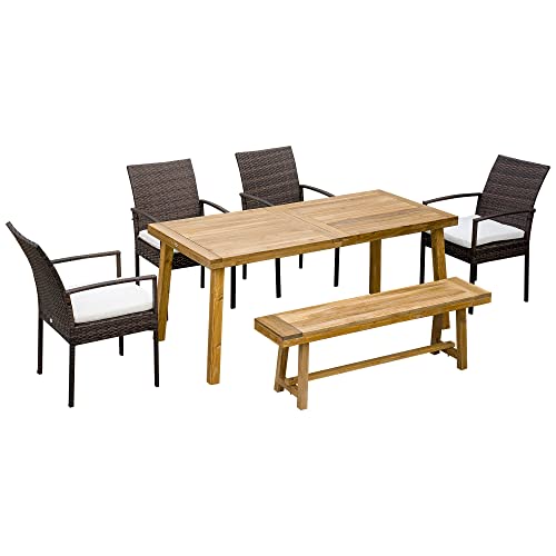 Outsunny Outdoor Dining Set For 6, Patio Dining Furniture Set With Pe Wicker Chairs, Armrests, Acacia Wood Loveseat Bench & Dinner Table, Cushions, White #TOP8
