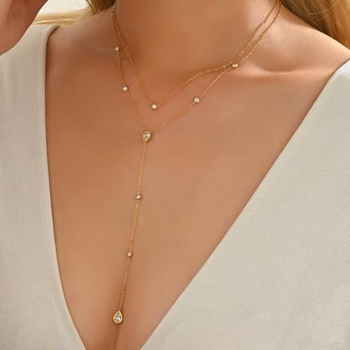 Lariat Necklace for Women 18K Gold Plated Dainty CZ Y-Shaped Pendant Necklace Trendy Layered Beaded Chain for Everyday Jewelry3