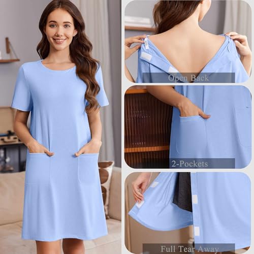 Deyeek Open Back Hospital Gowns for Women Tear Away Short Sleeve Post Surgery Soft Nightgowns for Elderly Women with Pocket Light Blue - Thumbnail 4