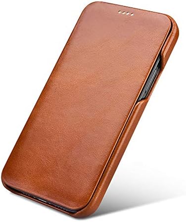 Leather Flip Case for iPhone 12 Pro Max 6.7", Vintage Series Genuine Leather Full Coverage Curved Edge Slim Fit Folio Flip Protective Case Cover for iPhone 12 Pro Max 6.7" - Brown