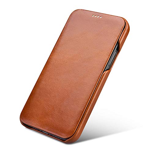 Leather Flip Case For Iphone 12 Pro Max 6.7", Vintage Series Genuine Leather Full Coverage Curved Edge Slim Fit Folio Flip Protective Case Cover For Iphone 12 Pro Max 6.7" - Brown #TOP2