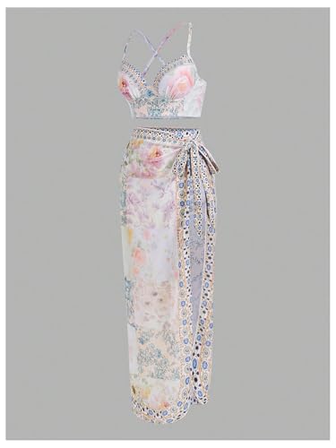 Women's 3 Piece Bikini Set Boho Floral Criss Cross Backless Swimsuit Bathing Suit with Cover Up3