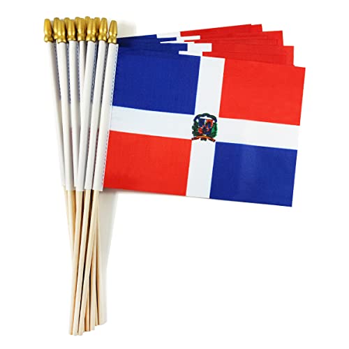 QQSD Dominican Small Flag Stick Mini Hand Held Flags - Solid Wooden Pole with Spear Top, 12 Pack
