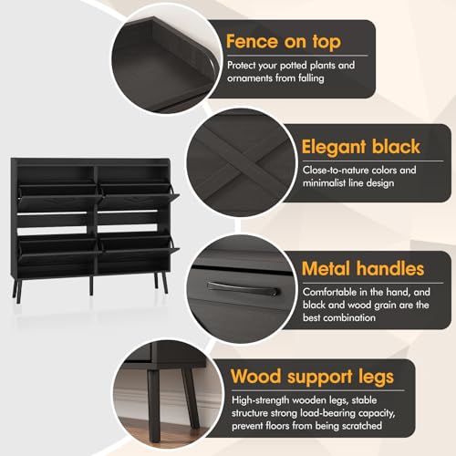 Maupvit Large Shoe Storage Cabinet with 4 Flip Drawers, Narrow Shoe Cabinet for Entryway with Wooden Legs, Freestanding Hidden Shoe Rack Organizer & Metal Hinges, Black