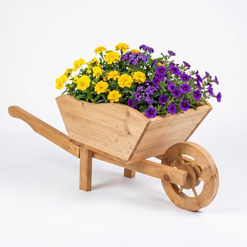 Image of caprican Wooden Wheelbarrow Garden Planter Decorative Fir Wood Outdoor Flower Pot Rustic Patio Trough Ornament Brown Cottage Style Décor Drainage Hole Lightweight Plant Display Gardening Gift for Mum
