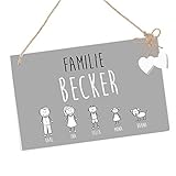  Türschild mit Name der Familie und Figuren - Haustürschild in Grau und Weiß, Familienschild aus Holz