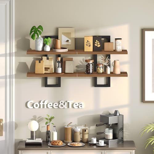 Image of HOOBRO Floating Shelves, 15 Inch Wall Shelf Set of 2, Wall Mounted Storage Shelves 2-Tier, Hanging Bathroom Shelves, for Living Room, Bedroom, Bathroom, Kitchen, Walnut and Black BH32BJ01