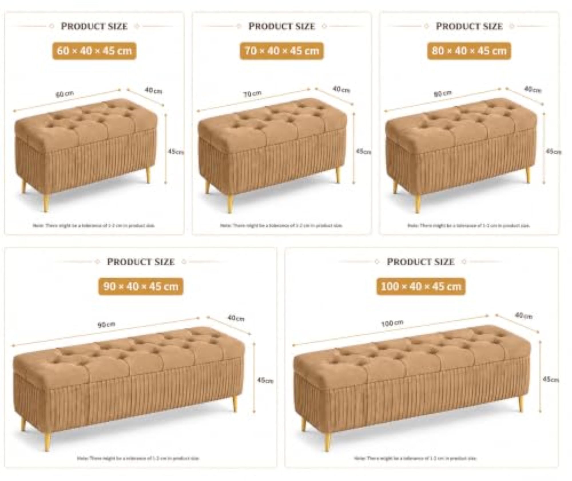 Velvet Storage Ottoman Bench with Metal Legs