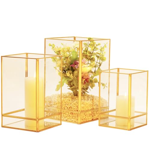 3PCS Gold Candle Holder Glass Hurricane Candle Holder Gold Glass Hurricane Candle Holder, Square Hurricane Candle Centerpieces for Tables Decorative, Wedding, Party