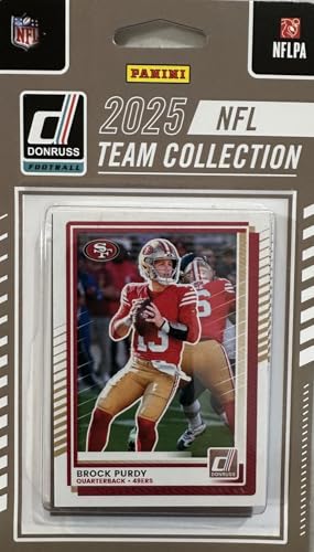 San Francisco 49ers 2025 Donruss Factory Sealed 14 Card Team Set Featuring Brock Purdy Christian McCaffrey and George Kittle Plus Mykel Williams Alfred Collins Jordan Watkins and James Rookies