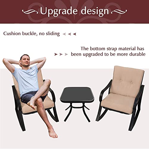 Betterland Outdoor 3-Piece Rocking Chairs Patio Bistro Sets, Glass-Top Coffee Table & Black Metal ​Patio Furniture With Thickened Cushions (Brown) #TOP3