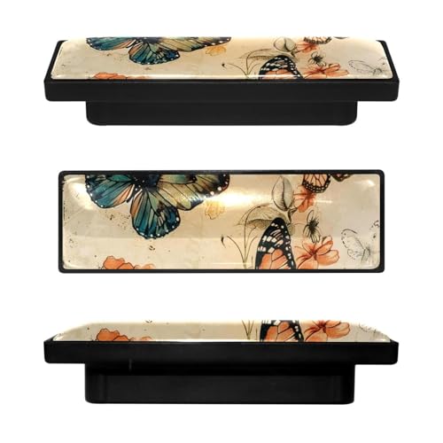 Generic 4 Pack 3.6inch Length Black Kitchen Cabinet Knobs Stainless Steel Drawer Knobs Bedroom Dresser Knobs for Men Women Girls, Nursery Knobs, Vintage Butterfly Print, cfxls-001-2