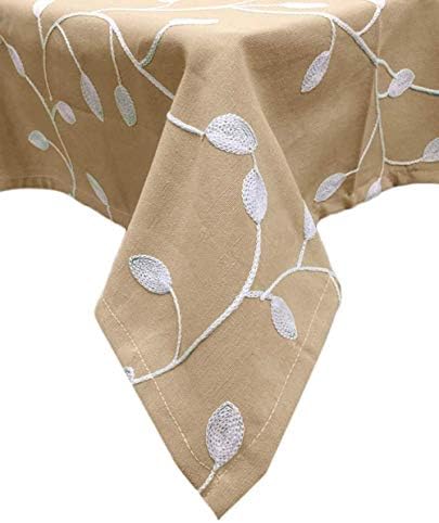 Molaxhome Table Cloths Rectangle Grey Cotton 55x86'',Leaf Embroidered Dust-Proof Tablecloths for Kitchen Dinning Table (53Wx86L, Beige)