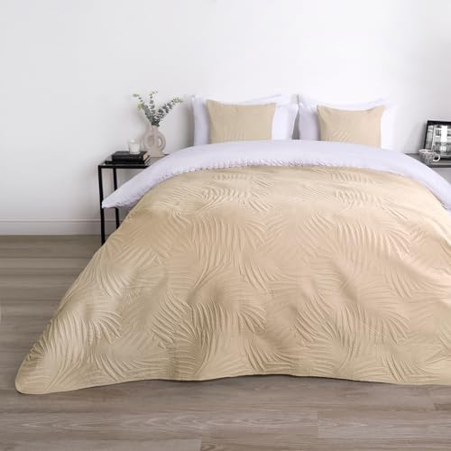 OHS Leaf Pinsonic Quilt Bedspread, Beige Bed Throw Super King Size Blanket for Sofas Chairs