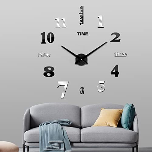 3 in 1 FERRISA Large 3D Frameless Wall Clock 47 Inch, Modern Silent DIY Wall Clock for Living Room Bedroom Office Decor, One Black Movement + 2 Digital Plates Included（Black +Silver）