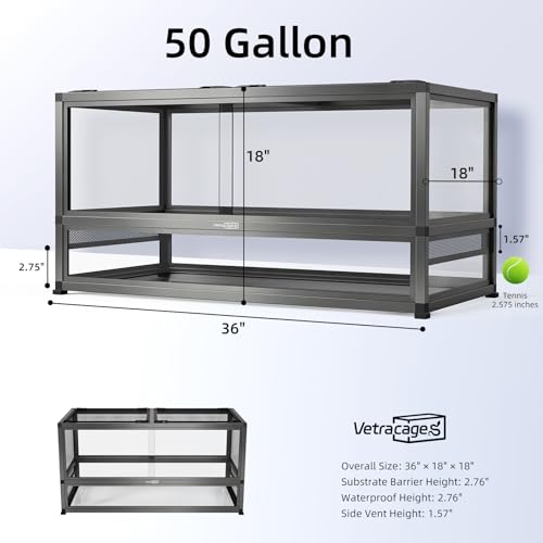 Image of 36x18x18 Glass Reptile Terrarium, 50 Gallon Aluminum Frame Reptile Enclosure with Waterproof Base, Sliding Doors, Screen Top & Stackable Design for Snakes Geckos Lizards
