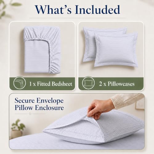 Image of LANE LINEN Cotton Fitted Bedsheet King Size - Ticking Stripe Cobalt Blue | GOTS Certified, Percale Weave, 78x72 inches, Fits Upto 12 inch Mattress, Soft, Breathable, Washable, 2 Pillow Covers
