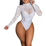 FRENZCOY Long Sleeve Fishnet Bodysuit for Women One Size Sparkle Rhinestone Bodysuit Sexy Women Fishnet Lingerie (White, ONE SIZE)
