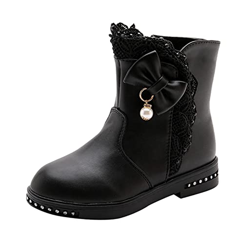 Botines de poliuretano para niña, zapatos de princesa, botas de invierno, botas térmicas para niños, botas con lazo, con cremallera, antideslizantes, Negro , 30 Cover