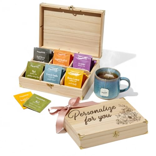 Personalized Wooden Tea Box – 90 Tea Bags, 6 Flavors