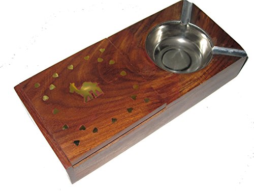 Preisvergleich Produktbild Holzaschenbecher / handgefertigt / mit aufklappbarer Zigaretten Aufbewahrungsbox / aus Indien / 2 Steckplätze / dekorativ verziert